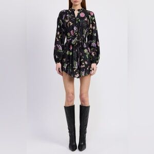 En Saison Metallic Floral Balloon Sleeve Mini Dress Size M Black Pink